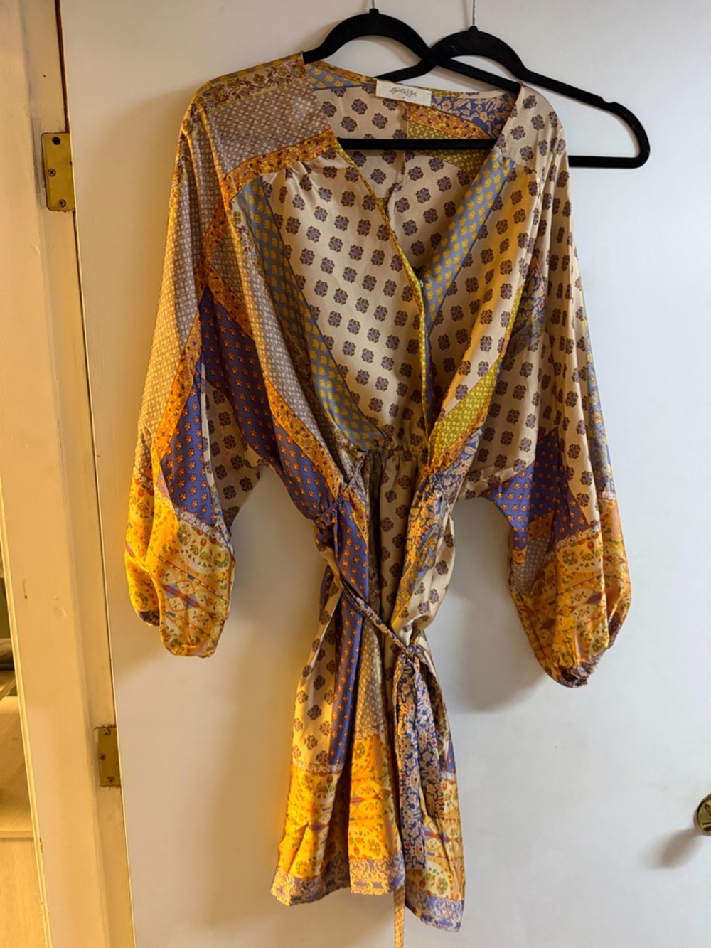 Altar'd State Patchwork V-Neck Tie-Waist Mini Dress in Mustard and Lavender